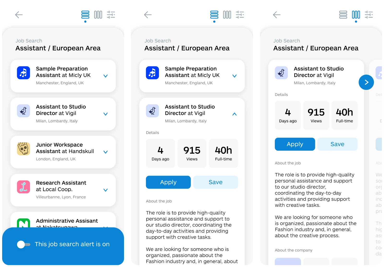 mockup of the job search results screen