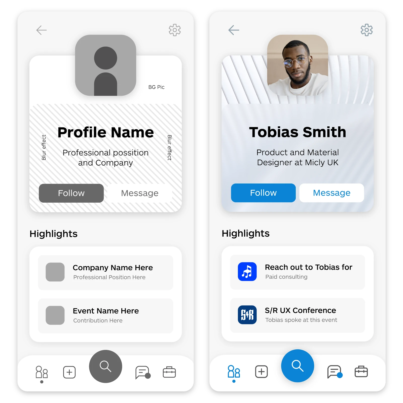 wireframe and mockup of the user profile screen