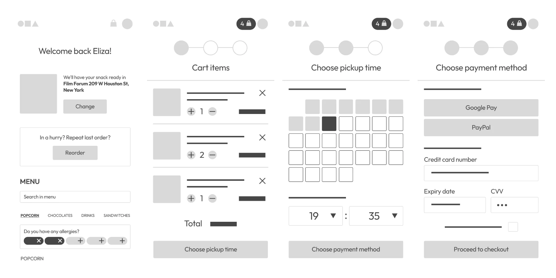 snackpik's first wireframes including the welcome screen and the cart