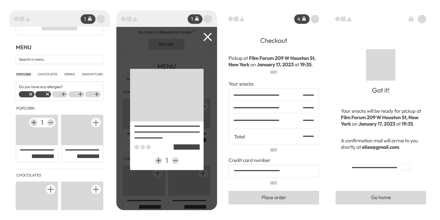 some more wireframes including the checkout and confirmation screens