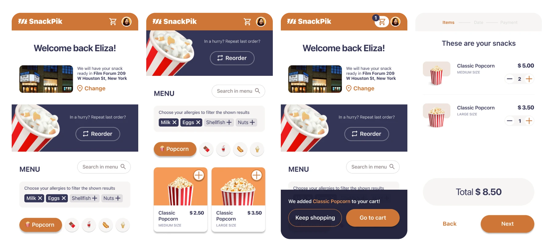 medium fidelity mockups including the welcome and product detail screens