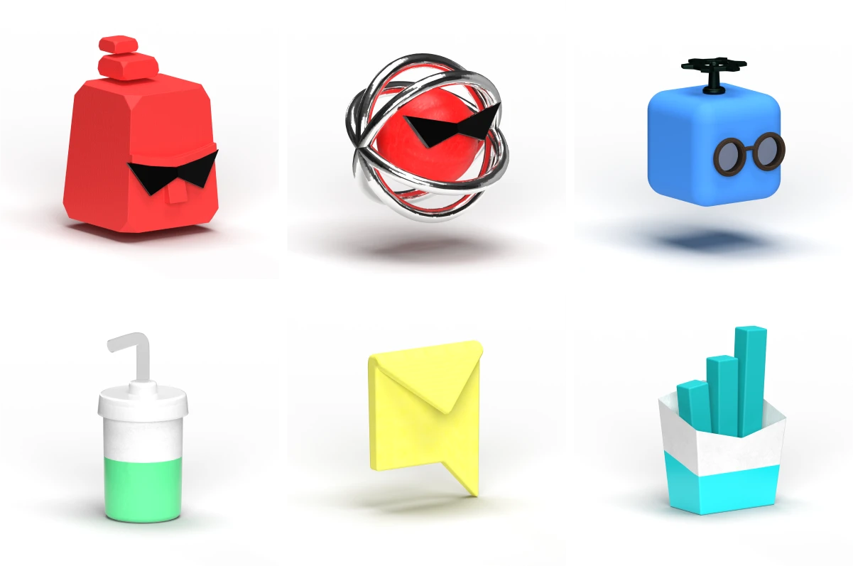 3d renders of various characters and items