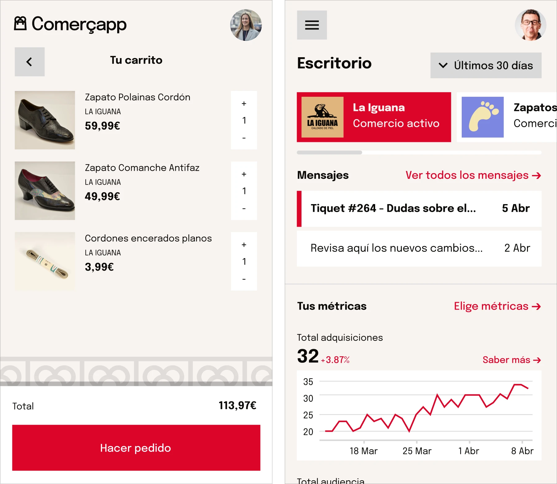 mockups for the cart and dashboard screen