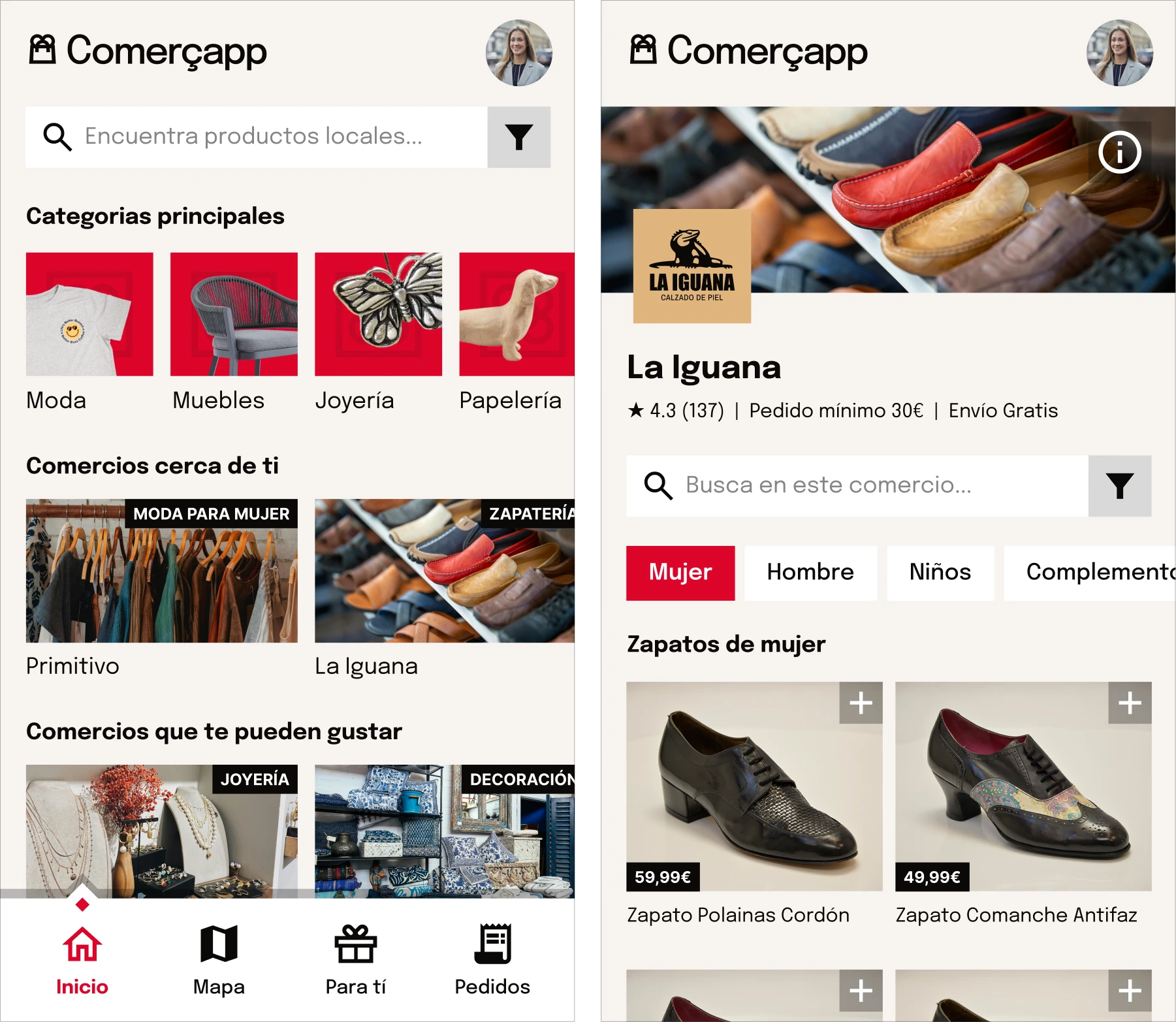 mockups for the home and the business profile screen