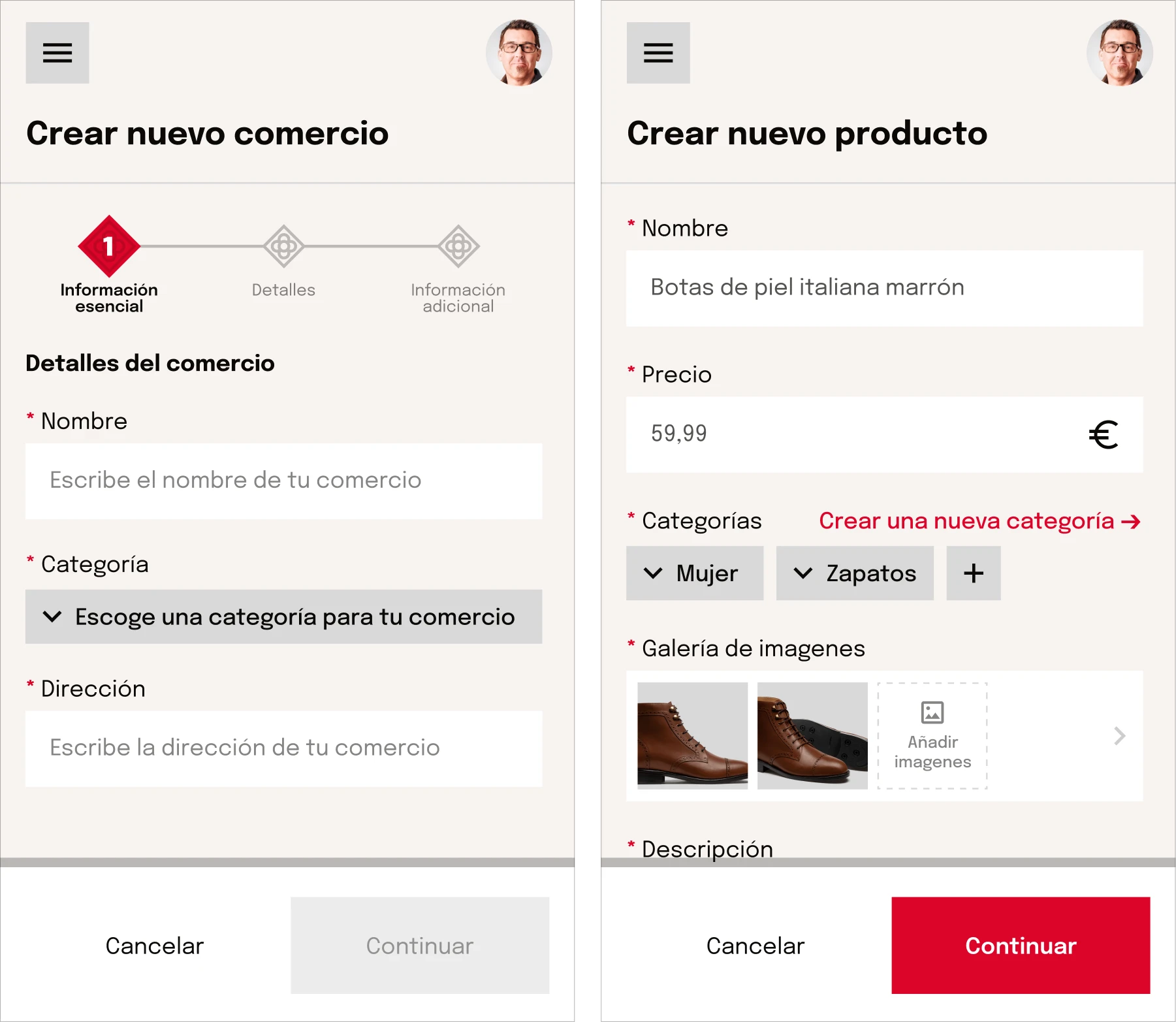 mockups for the New Business Form Screen and the New Product Form Screen