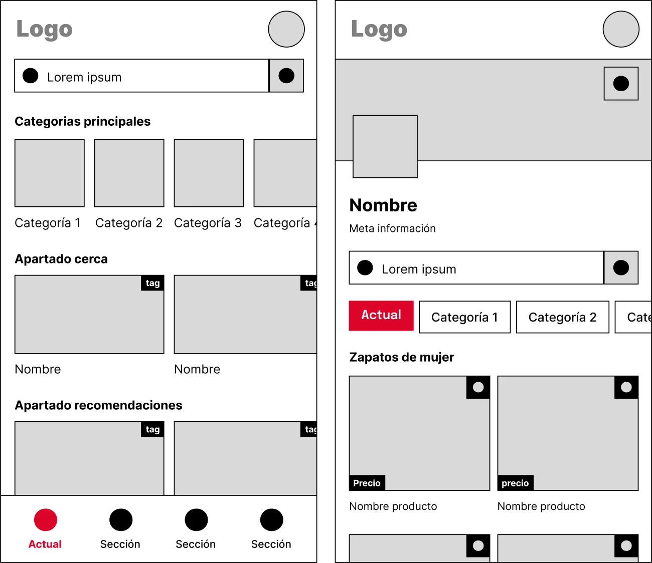home and business profile wireframes