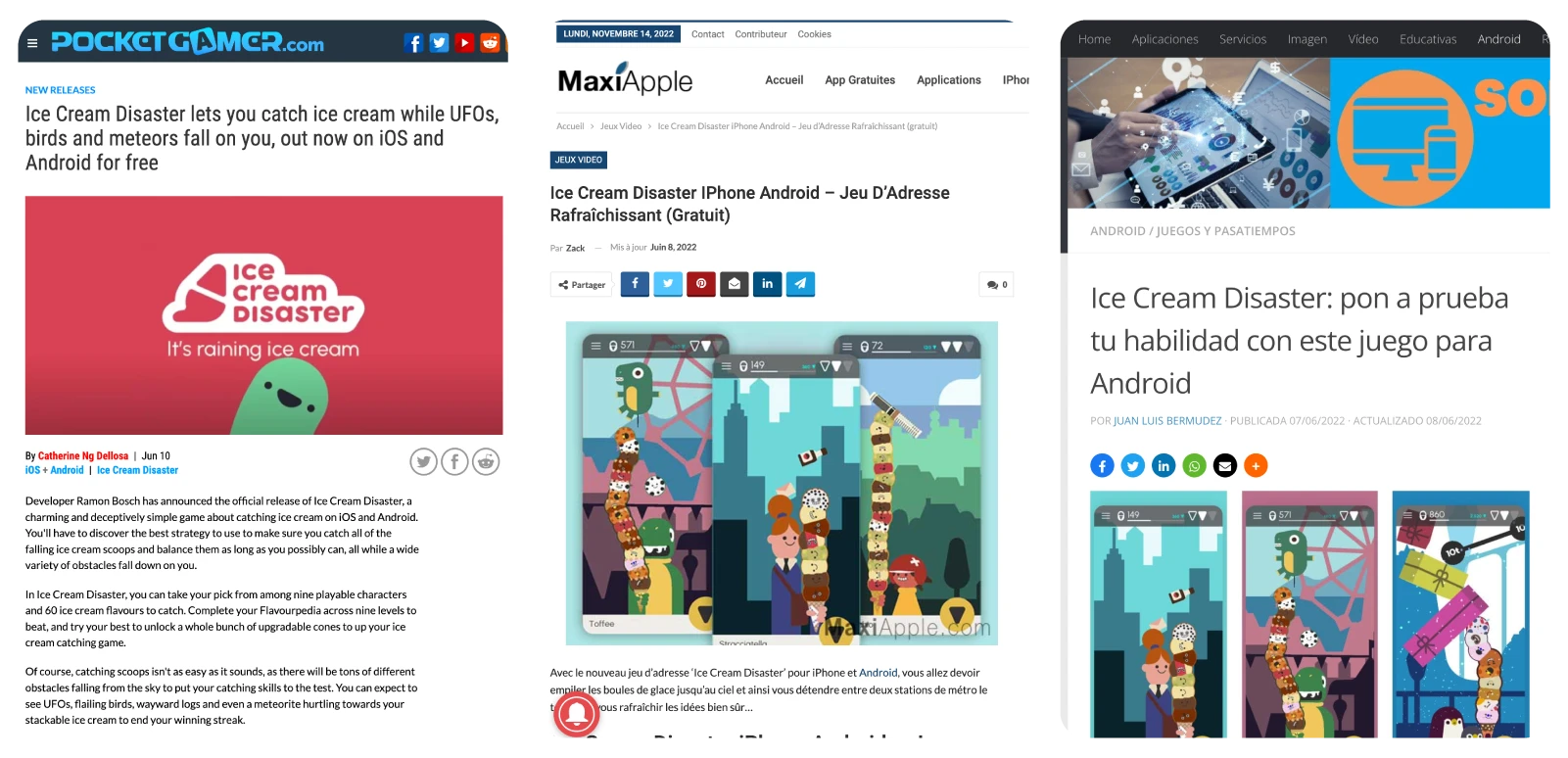 screenshots of different blogs showing Ice Cream Disaster's reach