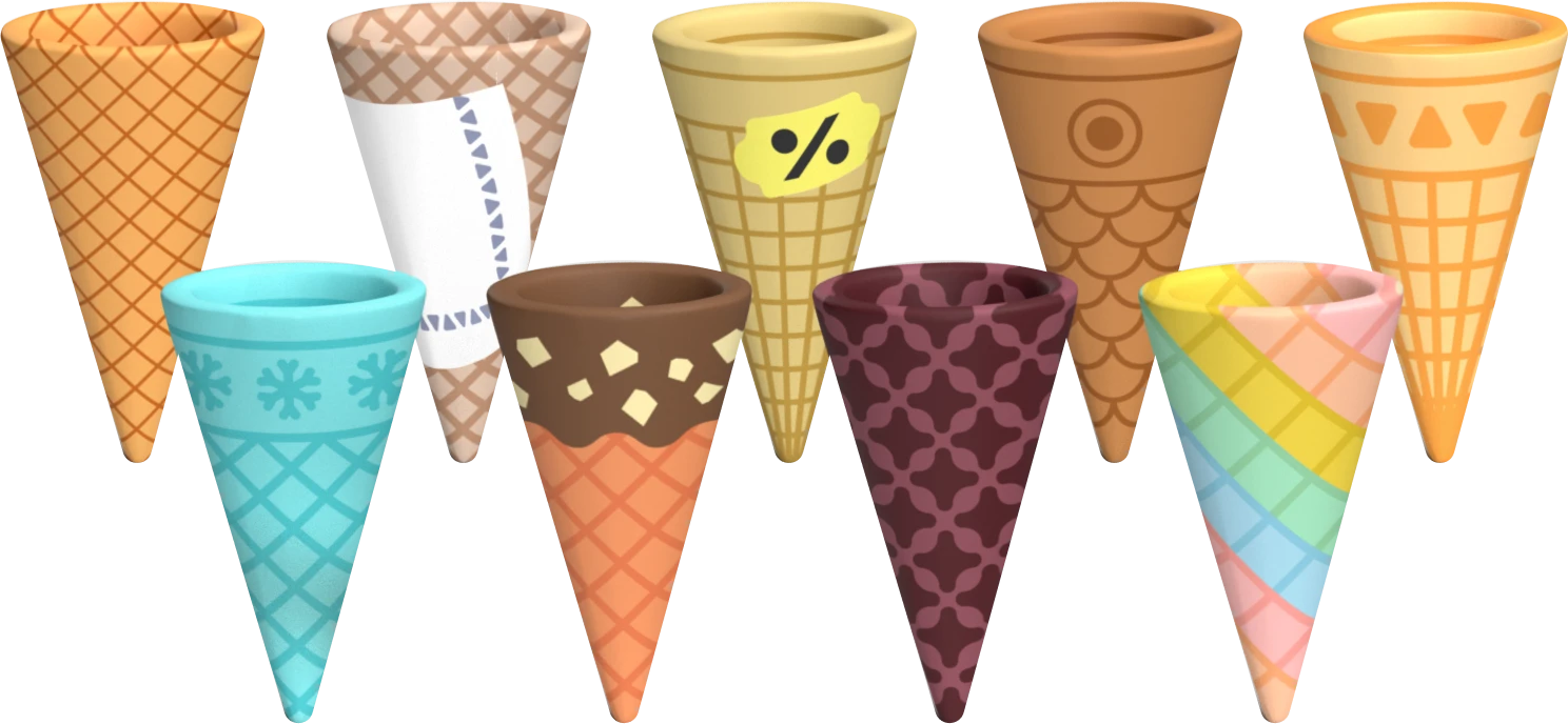 3d renders of Ice Cream Disaster's various cones