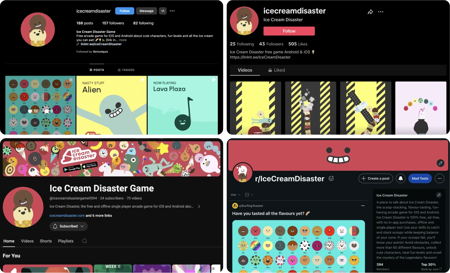 screenshots showing Ice Cream Disaster's social reach